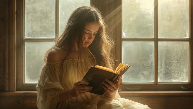 Sunlit teenager reading vintage hardback on wooden window sill in cream dress