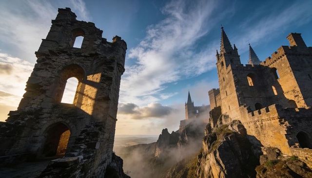 Sunlit medieval castle ruins perched on misty cliff with spires and crumbling towers