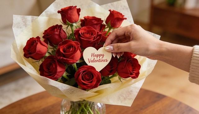 Hand placing heart tag on dozen red roses bouquet for romantic valentine gift at home