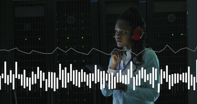 Female IT professional using headphones while analyzing data on a tablet in a server room. Digital audio waveform overlays the scene. Ideal for illustrating topics in cybersecurity, information technology, data analysis, and tech professions. Great for blogs, tech websites, or educational materials related to IT and data protection.