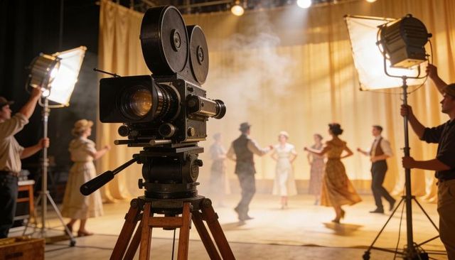 Framing vintage film camera on tripod with retro dancers performing under studio lights