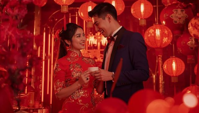Romantic chinese new year couple sharing tea under red lanterns in qipao and suit