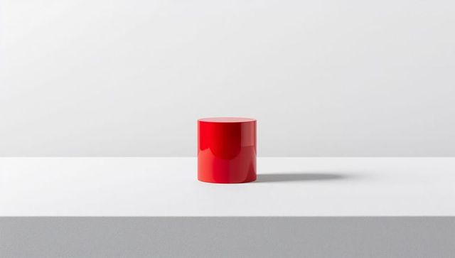 Glossy red cylinder casting soft shadow on white plinth