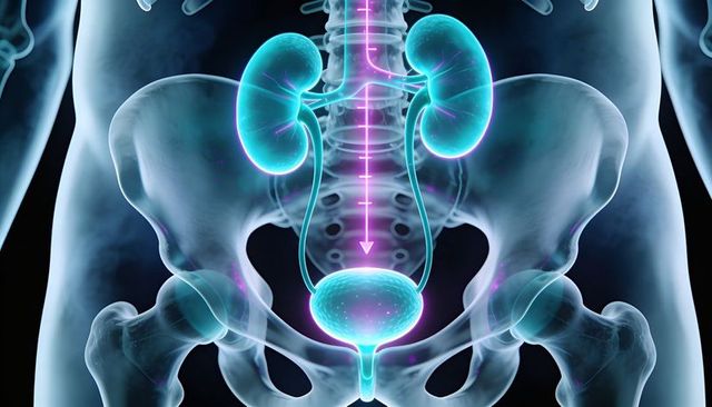 Neon urinary tract anatomy highlighting kidneys, ureters and bladder with flow arrow