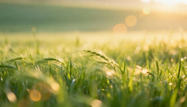 Sunlit dew-kissed meadow of green barley and grass shimmering with golden bokeh
