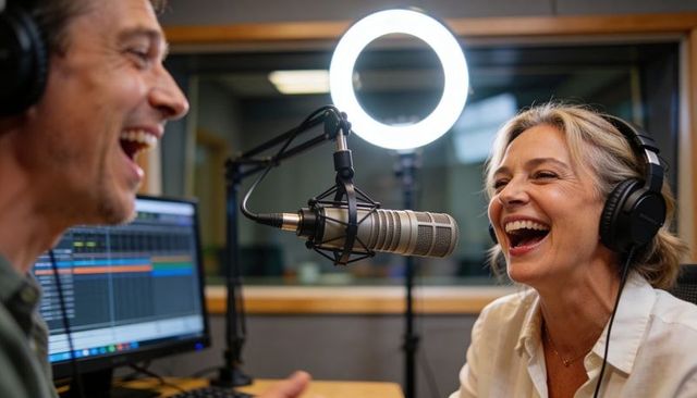 Laughing cohosts recording lively podcast episode in professional studio with ring light