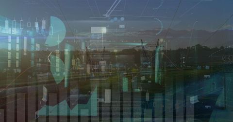 Digital finances overlaying cityscape for financial analysis concept