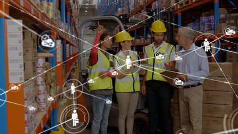 Warehouse Workers Discussing Logistics with Digital Connectivity Overlay