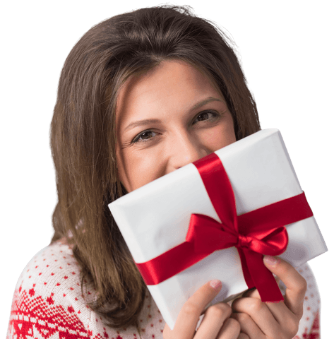 Smiling Brunette Holding Gift with Red Ribbon Transparent Background
