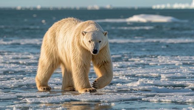 Polar bear walking across broken sea ice at arctic coast during melt season