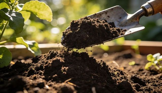 Garden trowel scooping rich potting soil into raised bed with young seedlings in warm sunlight
