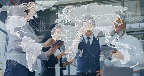 Business team analyzing risk with tablet and laptop technology