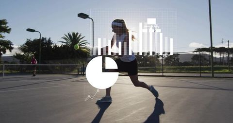 Female tennis player lunging for ball on outdoor court with data analytics overlay