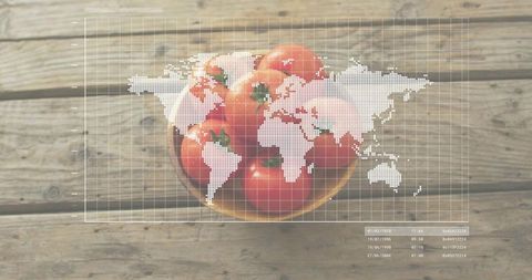 Rustic wooden tabletop showing bowl of ripe tomatoes with dotted world map overlay