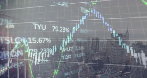 Digital Financial Graphs Overlay on Urban Skyline