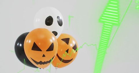 Halloween balloon cluster with neon green upward chart overlay conveying seasonal growth