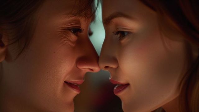 Intimate moment between two women in warm ambient lighting