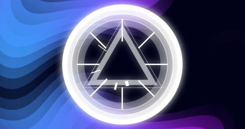 Glowing emblem with neon triangle and circular ring over blue-purple gradient waves