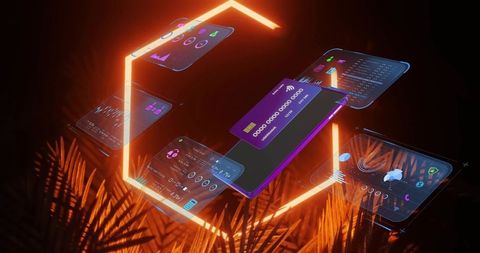 Neon holographic mobile wallet interface floating phone with virtual credit card and ui panels