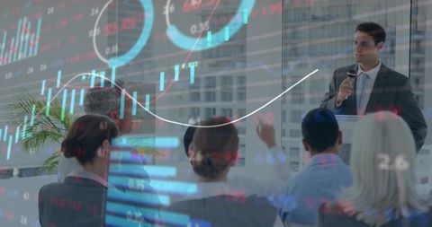 Business leader presenting market insights to corporate audience with stock market charts overlay