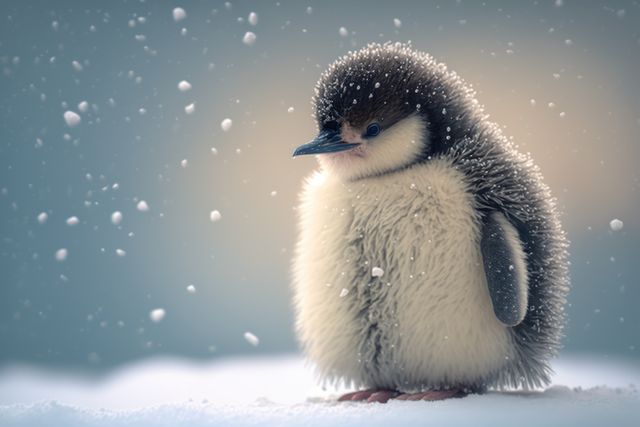 A fluffy penguin chick stands against a snowy background with snowflakes gently falling around it. Its round body is covered in soft, dense feathers, giving it a cute, endearing appearance. Excellent for use in winter-themed designs, wildlife photography collections, and children's educational materials and storybooks. Highlights themes of innocence, wildlife, and natural environments.