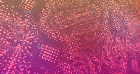 Neon Glowing PCB Circuit Board Macro with Hexagonal Traces, Copper Pads and Vias