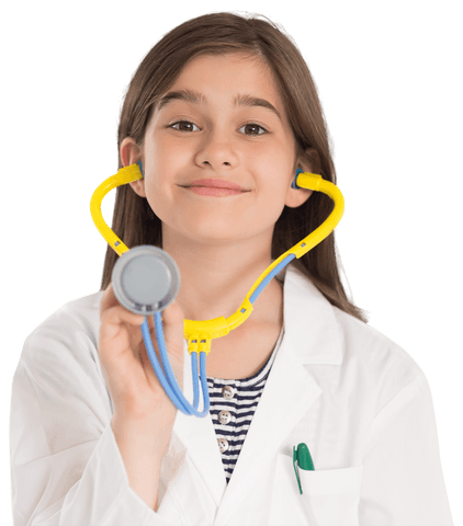 Smiling little girl in white coat holding stethoscope on transparent background