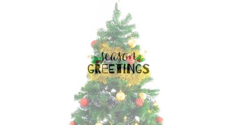 Festive cheerfully decorated christmas tree with overlay text