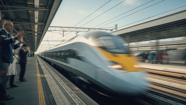 Officials applauding high-speed train in modern station