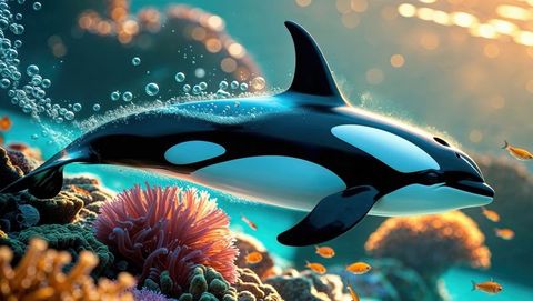 Orca whale gliding over vibrant coral reef with fish and bubbles