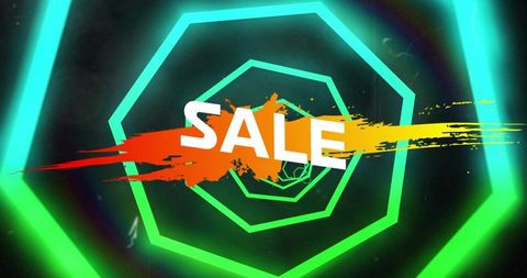 Glowing neon hexagon tunnel framing sale brush stroke banner for futuristic promo campaign