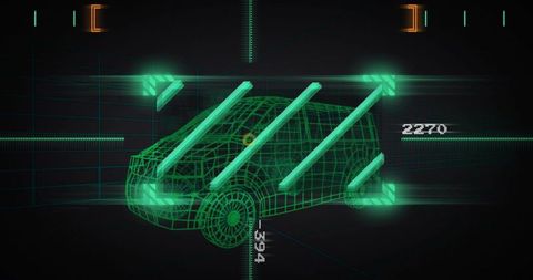 Holographic vehicle diagnostic hud showing wireframe van with neon scan beams