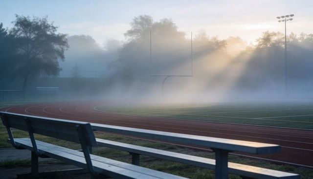 Sunrise beams casting through mist over running track and empty bleachers