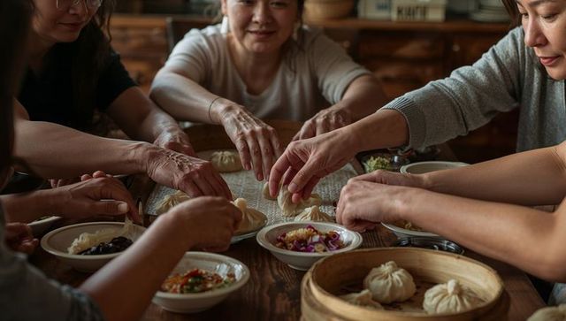 Women shaping dumplings together around wooden table with bamboo steamer and bowls