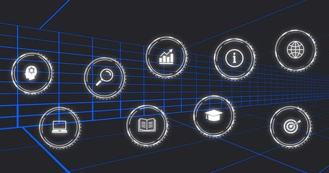 Floating holographic interface icons drifting through virtual 3d grid tunnel
