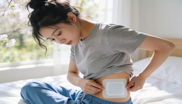 Asian woman applying large adhesive abdominal patch at home for pain relief and selfcare