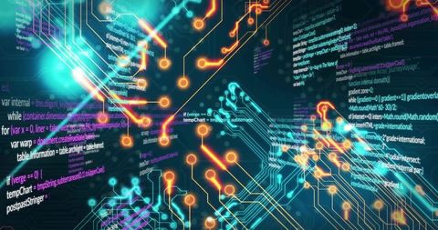 Pulsing neon circuit network revealing floating code and datastream in cyber grid