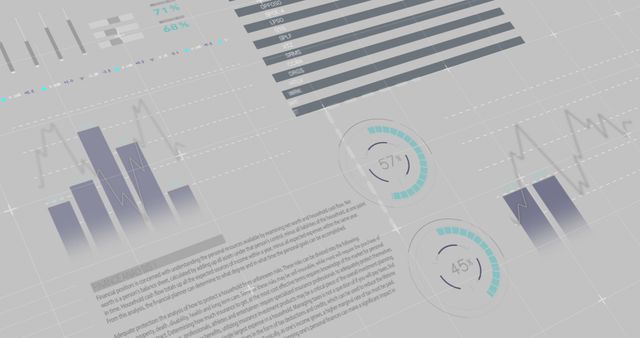 Abstract digital visualization of business data analytics featuring various graphs, charts, and statistics. Useful for presentations, reports, websites, articles, and marketing materials related to business, finance, and technology.