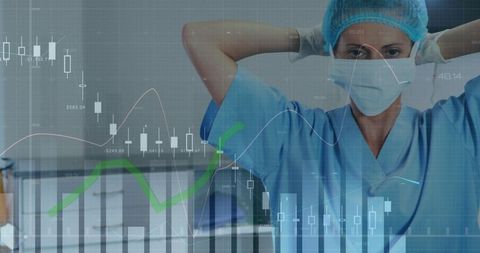 Female Surgeon and Financial Graph Overlay Highlight Dual Sectors