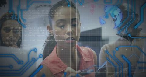 Hispanic Woman Engaged with Futuristic Digital Display