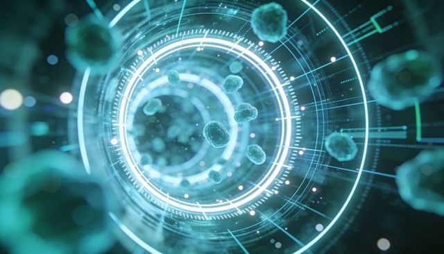Spinning cyan data tunnel with glowing concentric hud rings and floating cellular particles