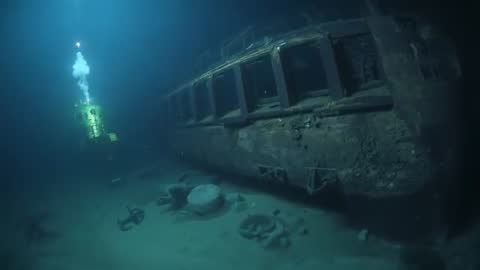 Deepsea submersible exploring rusted shipwreck hull on seabed with spotlight and bubbles