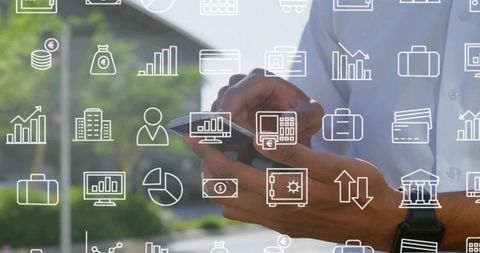 Business Professional Using Smartphone with Financial Icons Overlay