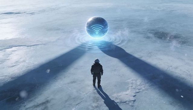 Standing explorer facing levitating glowing orb with wi-fi symbol on frozen plain