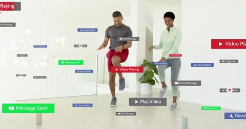 Couple performing synchronized knee raises with floating fitness and social notifications