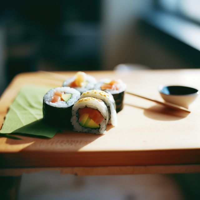 Close up of selection of sushi rolls, dish and chopstick, created using generative ai technology. Food, sushi and fresh japanese cuisine concept digitally generated image.