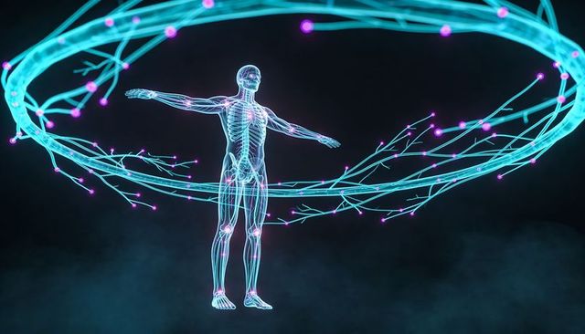 Holographic human skeleton surrounded by neon neural ring with glowing joint nodes