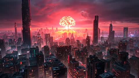 Cyberpunk Cityscape with Explosive Event Over Urban Horizon