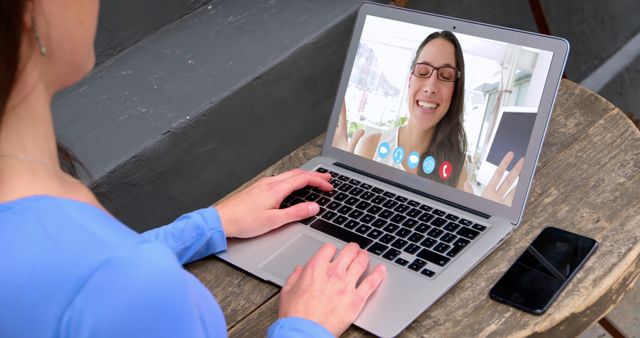 Woman Video Chatting on Laptop with Friend Smiling - Download Free Stock Images Pikwizard.com