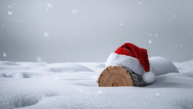 Rustic cut log wearing red Santa hat resting on snowy field with wide empty copy space